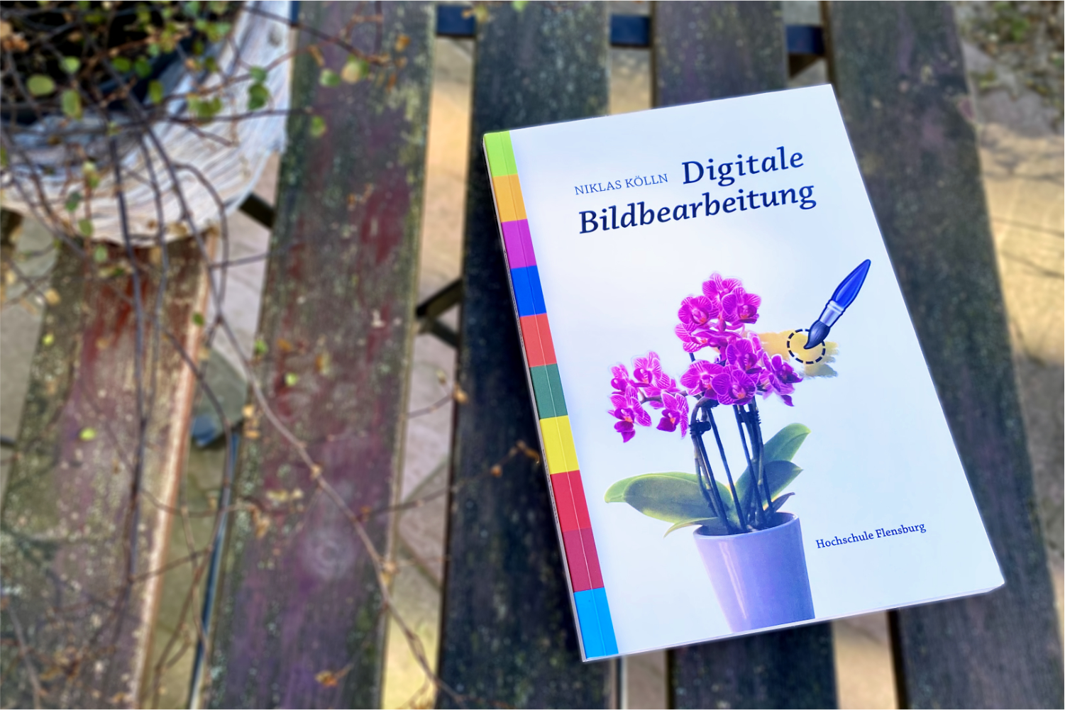 Das Buch »Digitale Bildbearbeitung« liegt auf einem hölzernen Tisch